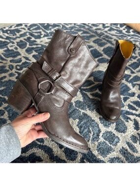 Bussola Brown Leather Cowboy style Heeled Boots Sz 10 EU 40 Mid Calf